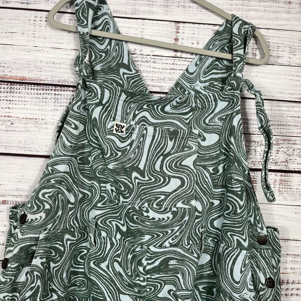 Lucy & Yak Overalls Women’s Sz 22 Distressed Blue Green Pockets Organic Cotton